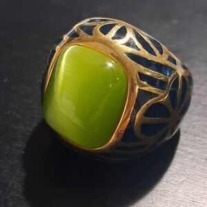 Green Cats Eye & Blue Enamel Gold Tone Ion Plated Stainless Steel Cocktail Ring